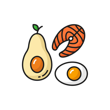 Ketogenic food salmon fish, avocado fruit and boiled egg isolated outline icons. Vector healthy ingredients for dieting nutrition. Keto nutrition lifestyle diet low carb and high fat meal productsのイラスト素材