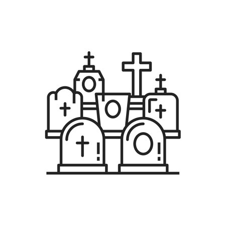Churchyard with rest in peace stones, crosses and tombstones isolated monochrome outline icon. Vector burial and death funerary monuments, cemetery, Halloween graves. Headstones, creepy gravesのイラスト素材
