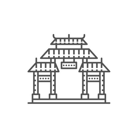 Entrance with roof isolated Chinese, Korean or Japanese gate outline icon. Vector retro asian building, ancient oriental temple entrance design. Chinatown door, pavilion in line art designのイラスト素材