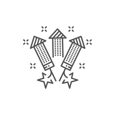 Rocket firecrackers isolated New Year and Christmas fireworks monochrome line art icon. Vector explosion crackers, Chinese festival celebration objects. Pyrotechnics, party petards, birthday crackersのイラスト素材