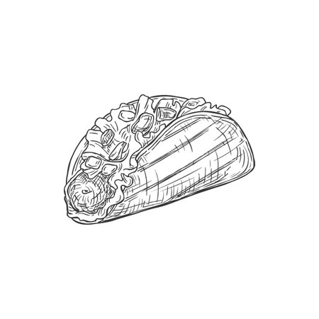 Fried Tortilla Isolated Tacos Burritos Monochrome Sketch Icon Vector Hard Shell Taco Quesadilla Dish Takeout Or Takeaway Street Food Fastfood Snack With Vegetable Beans Lettuce Tomatoes And Meatのイラスト素材 イメージマート