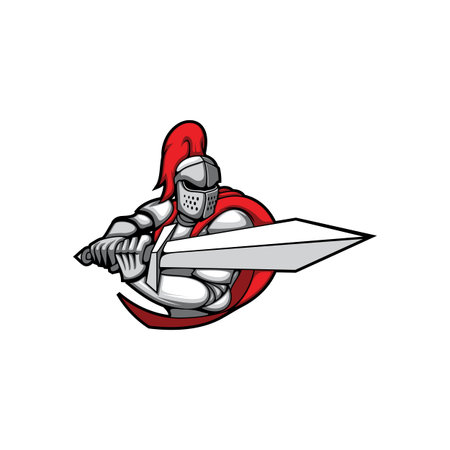 Templar in fight battle isolated emblem of retro hero. Vector costume of italian armor, medieval knight with sword, antique soldier in red cloak and feathers in helmet. Fighting sport club mascotのイラスト素材