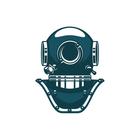 Retro diving mask isolated icon. Vector old-fashion equipment to dive in. Copper and brass three bolt Soviet helmet. Standard free flow lightweight helmet, head protection to underwater diversのイラスト素材