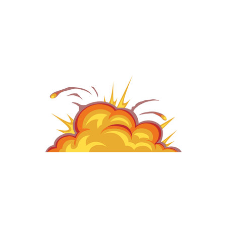 Fiery cloud bomb explosion isolated boom effect flat cartoon icon. Vector burst effect, fire ignite flame, orange fireballs and burning blast. Boom effects, realistic explode destruction nuclear bombのイラスト素材