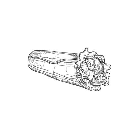 Burrito with meat, salad isolated fastfood snack monochrome sketch. Vector turkish kebab, jalapeno stuffed tex-mex tortilla. Bread roll with chicken or beef, tomatoes and salad, takeaway foodのイラスト素材