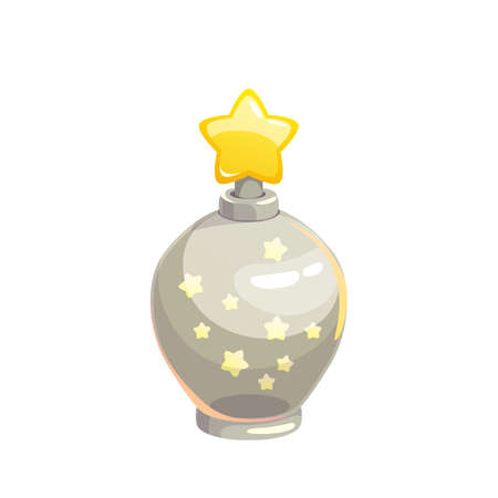 Potion bottle vector icon, magic elixir in glass flask with stars inside and on bung. Cartoon magic witch poison, alchemy object isolated on white backgroundのイラスト素材