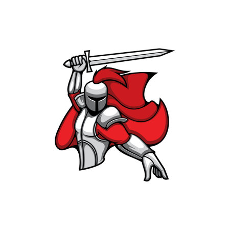 Medieval knight in metal suit, fifteenth century soldier isolated cartoon icon. Vector history hero, sport game mascot, statue head with red feathers on helmet. Warrior in metal costume with capeのイラスト素材