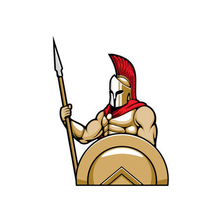 Roman soldier in gladiators helmet with scarlet plume isolated Spartan or Trojan ancient greek warrior with spear. Vector Sparta centurion soldier, roman legionnaire, war and military hero with shieldのイラスト素材