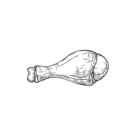Turkey leg baked grilled drumstick isolated monochrome sketch icon. Vector roasted leg of hen, poultry meat of animal bird hand drawn. Crispy cooked broiler leg, street food snack, barbeque of gameのイラスト素材