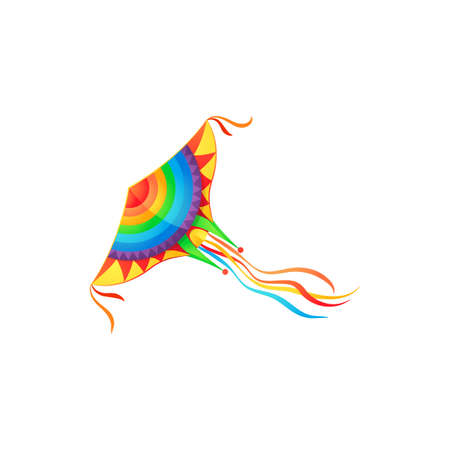 Cartoon kite isolated vector icon. Kids paper toy with bright wings and ribbons on tail. Colorful flying kite, Happy Makar Sankranty holiday symbol isolated on white backgroundのイラスト素材