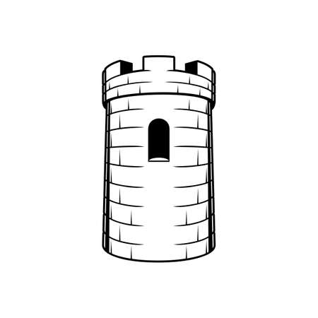 Castle brick tower isolated turret fortress with rampart window, monochrome icon. Vector royal building, medieval fort, chess tower. Round construction to defense kingdom, ancient security castleのイラスト素材