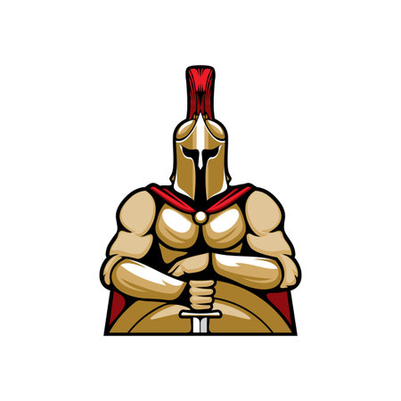 Spartan, Roman or Trojan soldier in armor helmet, hands crossed on sword over shield isolated ancient greek warrior emblem. Vector gladiator in helmet with scarlet plume, Sparta centurion legionnaireのイラスト素材
