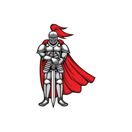 Templar knight in metal helmet and breastplate, sword in crossed hands isolated icon. Vector armored hero, retro fighting soldier in fight battle. Warrior medieval knight in armor metal protectionのイラスト素材
