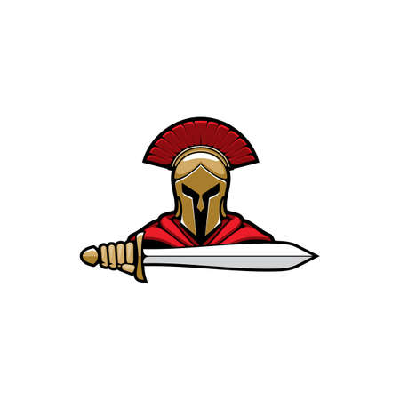 Soldier in helmet with mohawk, roman empire or greece warrior isolated man head portrait with sword. Vector legendary sparta hero, trojan fighter armored hoplite in red cloak. Mythology legionnaireのイラスト素材