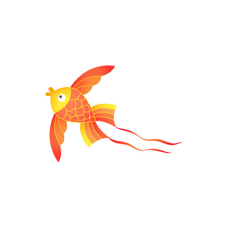 Cartoon kite in shape of gold fish, isolated vector flying kids toy with bright yellow and orange wings and ribbons on tail Indian Makar Sankranti festival objects isolated on white backgroundのイラスト素材