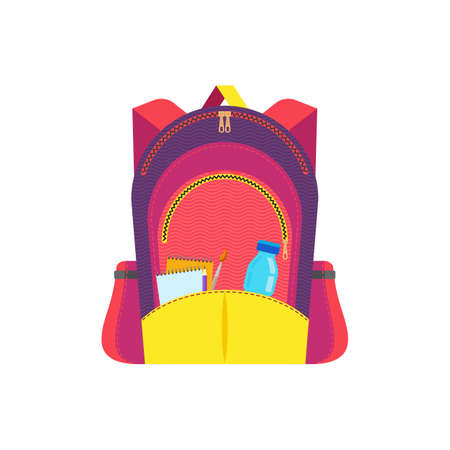 Rucksack with paper notebooks, pencil and brush stationery items isolated icon. Vector back to school symbol, education and study bag. Schoolbag luggage, backpack on zipper with bottle and suppliesのイラスト素材