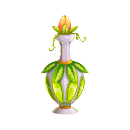 Potion bottle vector icon, glass flask with magic elixir, green leaves and flower bud bung. Nature witch poison, cartoon element for magic game isolated on white backgroundのイラスト素材