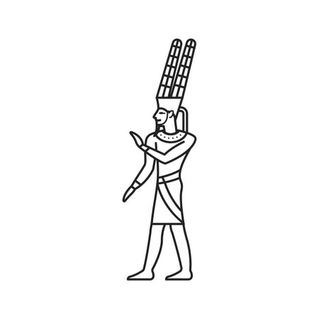 Egypt god Amun Ra, ancient Egyptian religion and mythology, vector line icon. Egypt ancient god of sun Amun Ra, sacred religion, culture and pantheon sign in outlineのイラスト素材