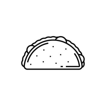 Mexican tacos isolated fried tortilla outline icon. Vector fastfood snack with vegetable beans lettuce tomatoes and meat, linear sign. Hard-shell taco, quesadilla dish takeout or takeaway street foodのイラスト素材