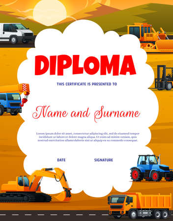 Kids diploma. Construction machinery industrial transport. Kindergarten kids education achievement vector certificate or diploma, winner award with van, bulldozer and tractor, dumper truck, excavatorのイラスト素材