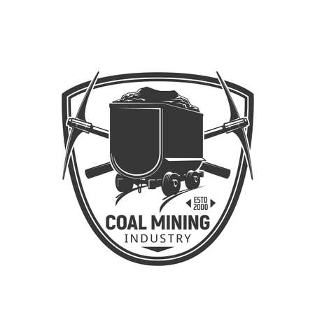 Coal mining trolley and crossed picks badge. Mining industry equipment and fossil fuel production vector retro symbol or sign. Mining trolley full of coal on rails, miners pickaxes monochrome iconのイラスト素材