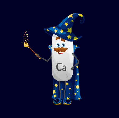 Cartoon calcium micronutrient wizard character. Isolated mustached vector Ca wizard warlock nutrient capsule personage wear astrologer hat and cloak with stars holding staff. Funny supplement wizのイラスト素材