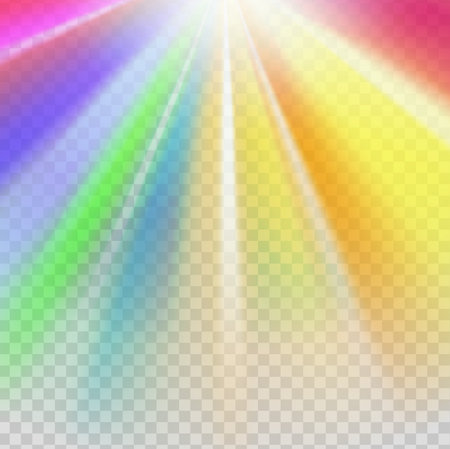 Rainbow rays on transparent background, isolated vector colorful rays fall from above. Spectrum flare, multicolored beams on transparency. Gradient effect, magic glow, crystal or disco vibrant shineのイラスト素材