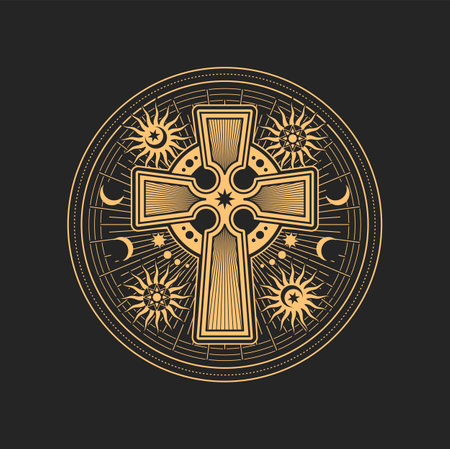 Egypt cross on esoteric occult talisman, satanic talisman with pentagram, sun and moon, mason sign. Vector mystic star symbol of witchcraft, alchemy amuletのイラスト素材