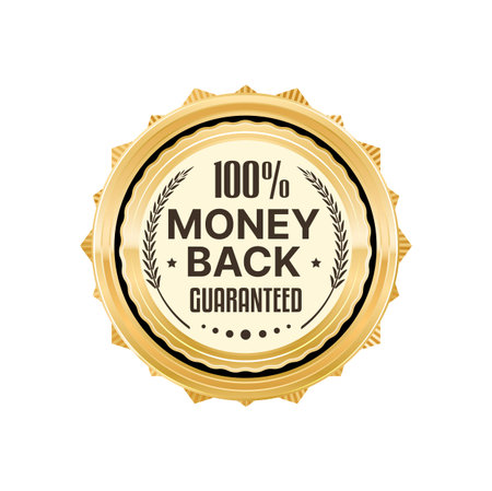 Money back golden badge and glossy label with laurel. Service quality warranty round label or badge, shop special offer gold vector stamp or symbol. Money return service glossy metal certificate sealのイラスト素材