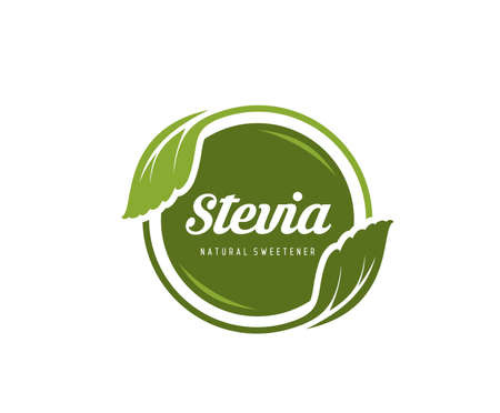 Stevia leaves icon. Natural food sweetener round sticker, stevia leaves extract product vector stamp or green icon. Healthy food supplement, stevia sweetener tag or labelのイラスト素材