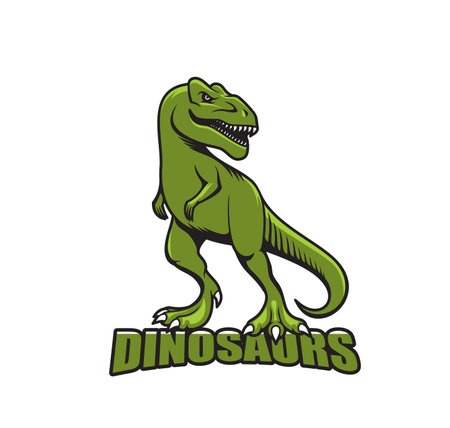Danger tyrannosaur dinosaur mascot. T-rex monster, aggressive jurassic reptile university, school or college sport team mascot vector symbol. Roaring tyrannosaurus, ferocious raptor animal mascotのイラスト素材