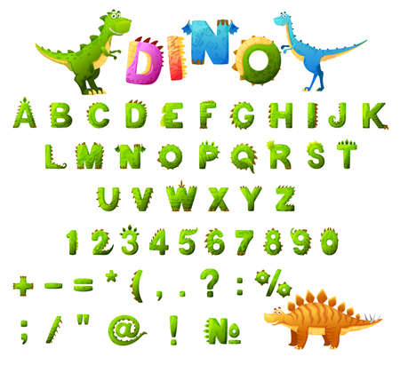 Dinosaur font typeface, cartoon dino alphabet letters, vector ABC type. Kid jurassic dinosaurs cute animals in green dino font typeface, children typography with T-rex tyrannosaurus, velociraptorのイラスト素材