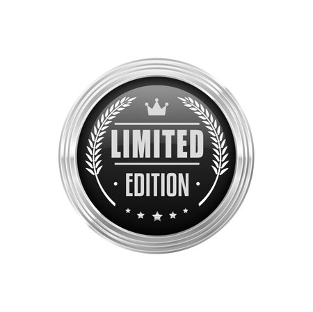 Limited edition silver badge and quality guarantee label. Original product authenticity certificate glossy metal sticker or icon, limited edition silver vector label. Exclusive product platinum badgeのイラスト素材