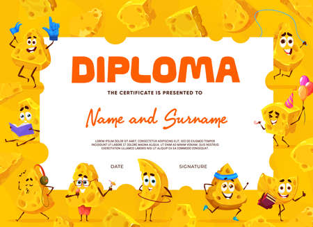 Kids diploma with cartoon funny gouda and maasdam cheese characters. Vector school certificate with happy yellow slices, tasty dairy product personages sports and educational activities, award frameのイラスト素材
