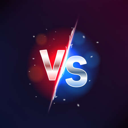 VS versus sign, game, sport confrontation or challenge. Vector white glossy letters and red with blue glow on black background with sparks. Sports fight or battle, competition, martial arts combatのイラスト素材