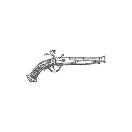 Revolver retro gun of pirate, cowboy or duel soldier isolated monochrome sketch icon. Vector firelock musket of marine armory, steampunk or flintlock pistol, old-fashioned fired by spark from flintのイラスト素材