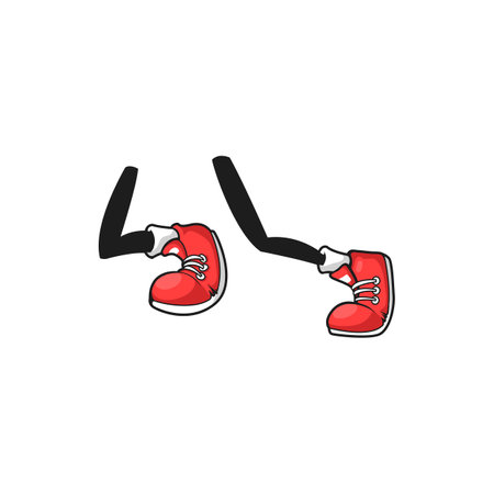 Legs bent in knee running jogging comic red sport shoes on white rubber sole with laces isolated. Vector funny cartoon legs of athletic character, funny kids shoes. Color trainers, urban style feetのイラスト素材