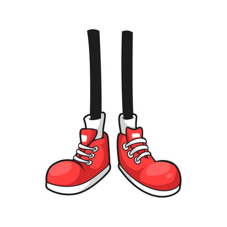 Cartoon foots in red big shoes with white laces isolated comic footwear. Vector urban teenager style footwear, fashion athletic boots with white rubber toe and laces. Human body part, funny bootsのイラスト素材