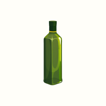 Green glass bottle of extra virgin olive oil isolated realistic icon. Vector greek or italian cuisine food object, salad seasoning condiment, nutrition oily ingredient. Liquid sunflower or linseed oilのイラスト素材