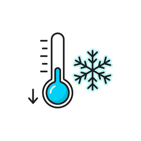 Weather forecast color outline icon, cold temperature and thermometer vector pictogram. Weather forecast low temperature and winter cold icon for app and web widgetのイラスト素材