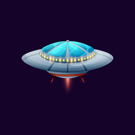 Sci fi spacecraft invader spaceship intergalactic flying extraterrestrial alien ship with dome abd glowing flame isolated. vector unknown flying object cartoon craft animation game design elementのイラスト素材