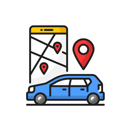 Smartphone map, car sharing service gps navigation. Vector taxi and delivery by vehicle, pinpoint above car, travel guide in mobile appのイラスト素材