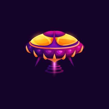 Spacecraft futuristic ufo starship alien craft isolated glowing saucer. Vector cartoon ship flying glowing object icon. Cosmos galaxy invaders extraterrestrial station, futuristic alien spaceshipのイラスト素材