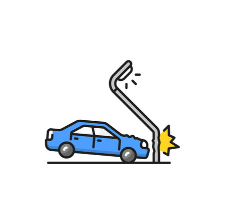 Car bump into pillar, broken automobile isolated car trash line icon. Drunk driver, accident or accidental damage. Dangerous slippery roadのイラスト素材