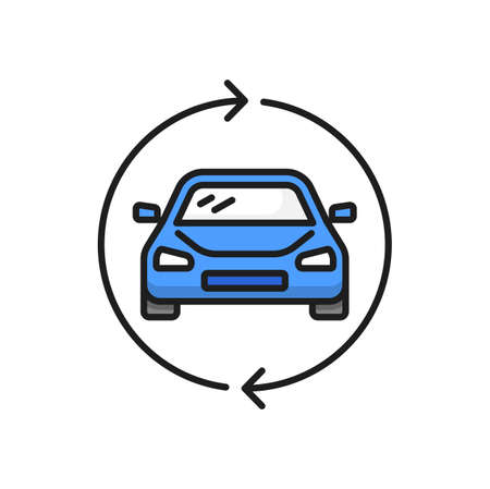 Circle exchange of cars carpool carsharing service. Multiple car rent in circling arrows. Ride-sharing and lift-sharing, carpooling or car-sharing iconのイラスト素材
