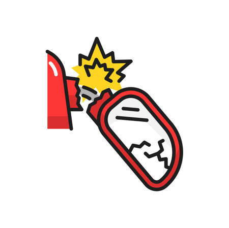 Broken side view mirror isolated color line icon. Damaged vehicle exterior, collision with another car. Cracked vehicle wing mirrorのイラスト素材