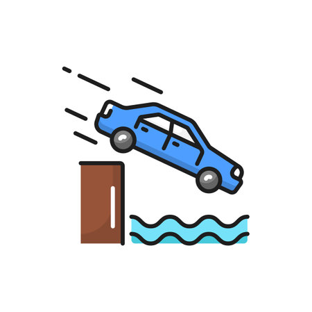 Unprotected quayside or riverbank, isolated car falling down the river, vector color line icon. Accident automobile falling from slope into waterのイラスト素材