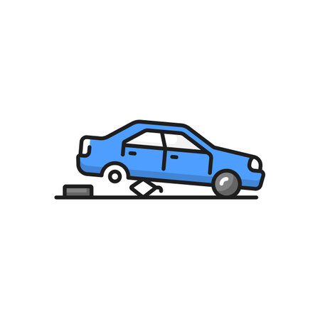 Tire replacement isolated punctured wheel on car color line icon. Vector broken tire, automobile transport tire crash, broken wheelのイラスト素材