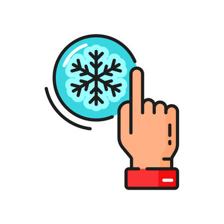 Winter weather forecast sign, snow flake and arm isolated outline icon. Vector snowfall, slipperiness or slippery symbol. Weather forecast, snowflake in round circle and hand pointing on itのイラスト素材