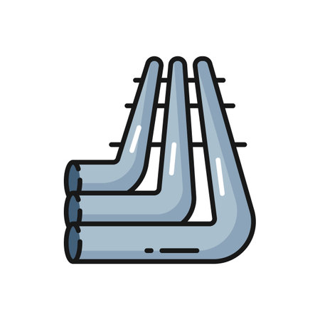 Curved pipeline gas or oil industry pipes isolated color outline icon. Vector plumbing, sewage or drainage service, curve tangled pipesのイラスト素材